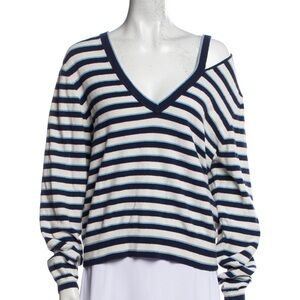 Veronica Beard Herbie Cold Shoulder Striped V-Neck Sweater